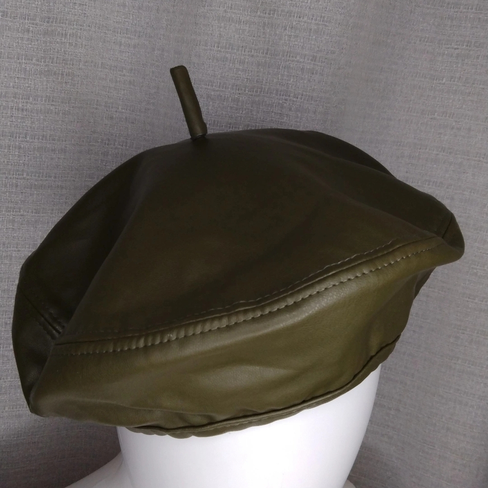 Olive Green Leather Beret - Picture 2 of 4